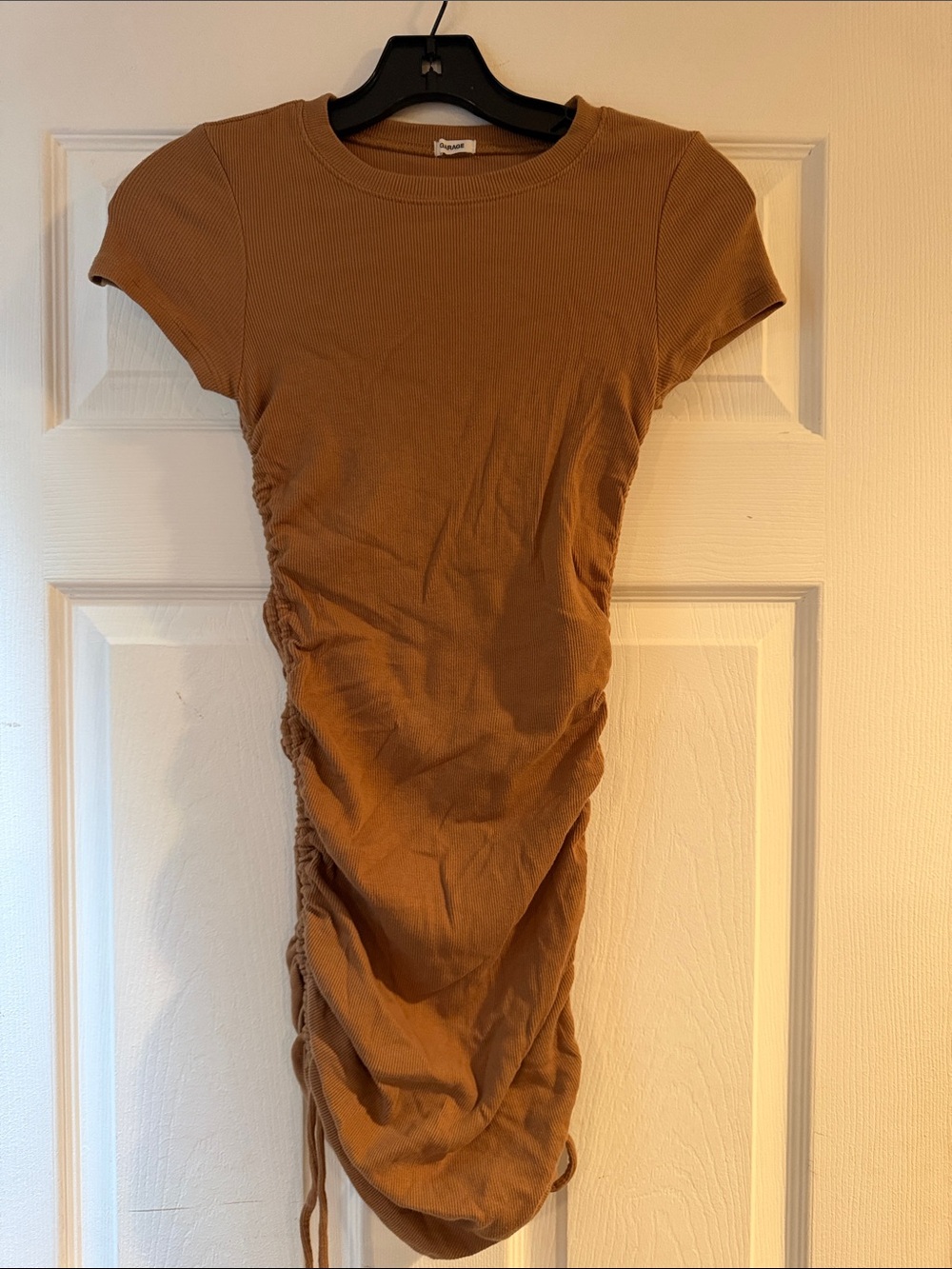 Garage Tan Ruched Side Short Sleeve Mini Dress